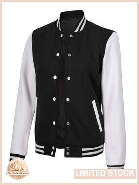 Fleece Varsity Bomber Jacket Snap Closure Pockets Letterman Women